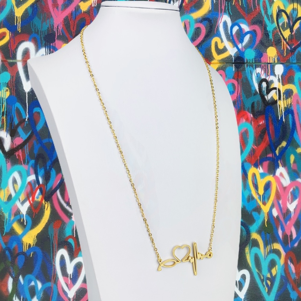 Heartbeat Stethoscope Heart EKG Stainless Nurse Bar Necklace Silver Rose Gold - Picture 7 of 15